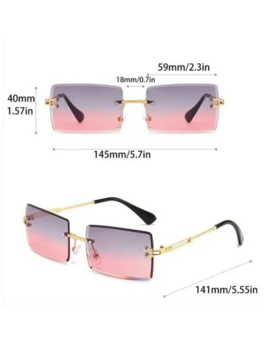 Rimless Rectangle Sunglasses Grey Pink Gradient Lenses Gold Tone Frame Y2K Retro